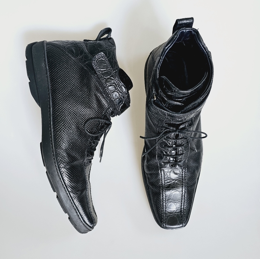 Aldo Brue Made in Italy Balck Genuine Leather Lace Up Velcro Pointed Toe Boots